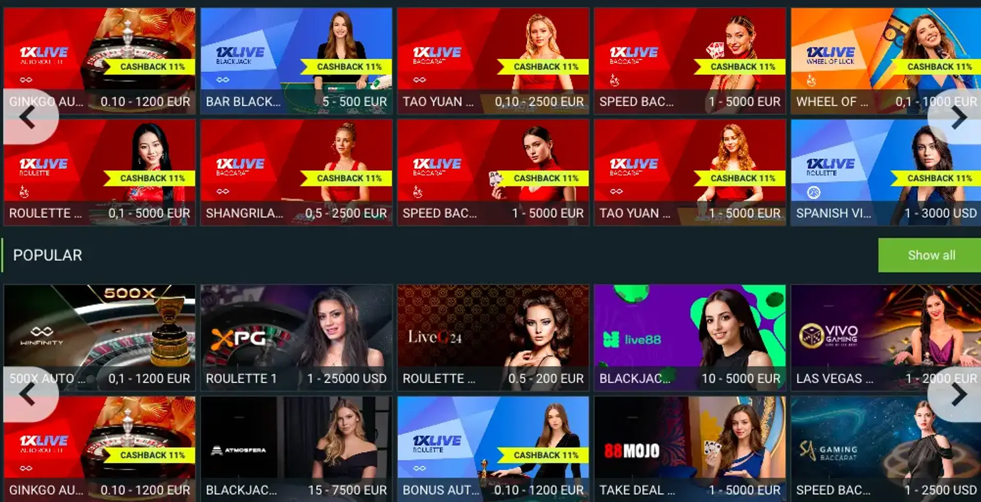 1xBet live casino