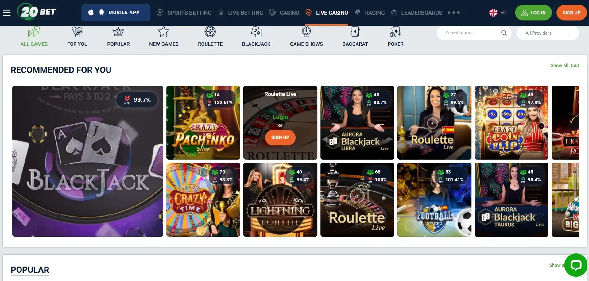 20Bet live casino