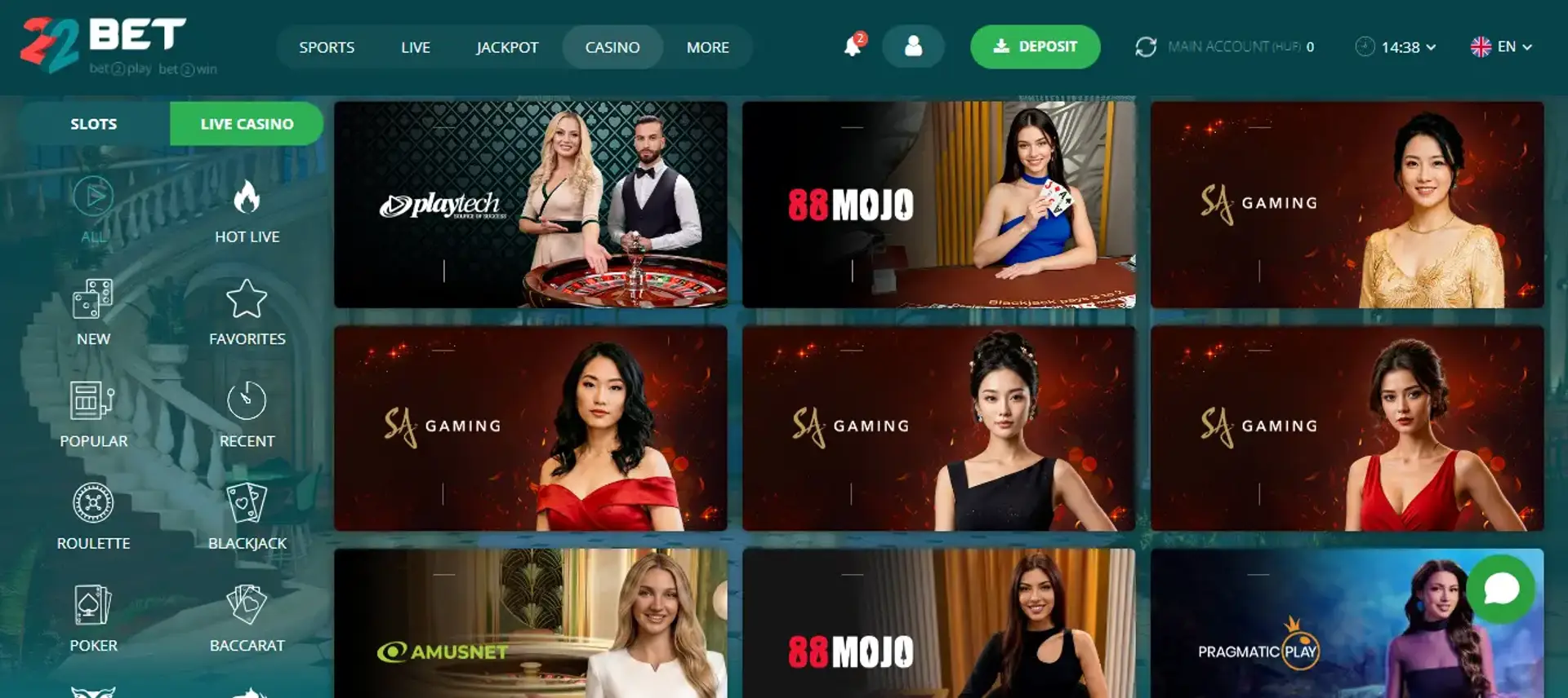 22Bet live casino