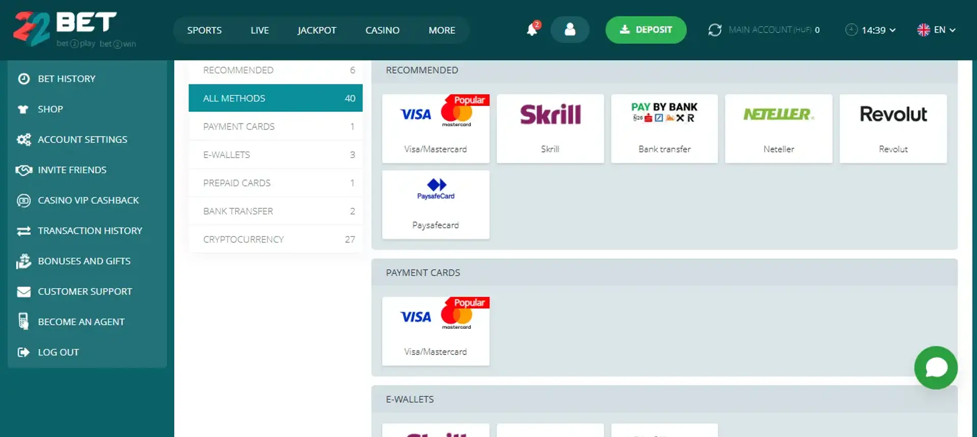 22Bet payments